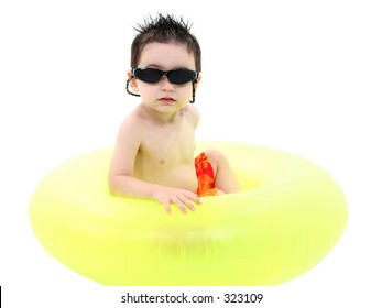 Adorable Boy In Green Inner Tube Wearing Crooked Sunglasses Over White.