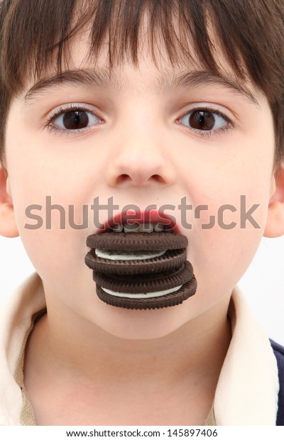 Adorable Boy Mouth Full Cream Stuffed Stock Photo (Edit Now) 145897406