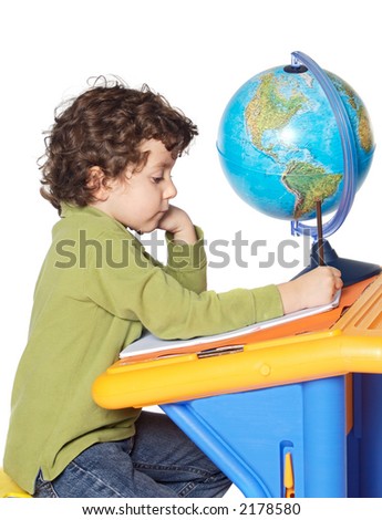 adorable boy writing over awhite back ground in order to be able to write the text in the notebook
