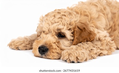 Adorable Cavapoo puppy resting on a white background. Fluffy, light brown fur. Perfect for pet, animal, or dog-related projects.