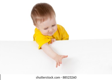 adorable child with blank advertising banner