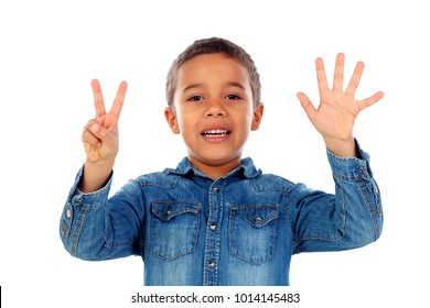 Adorable Child Counting With His Fingers Isolated On A White Background