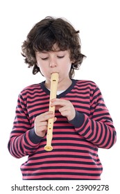 Adorable Child Playing Flute On A Over White Background