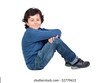 Adorable Child Sitting On The Floor Isolated On White Background