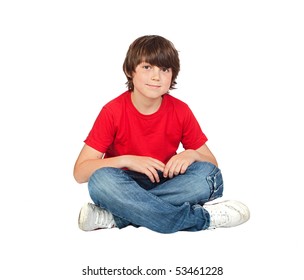 Adorable Child Sitting On The Floor Isolated On White Background