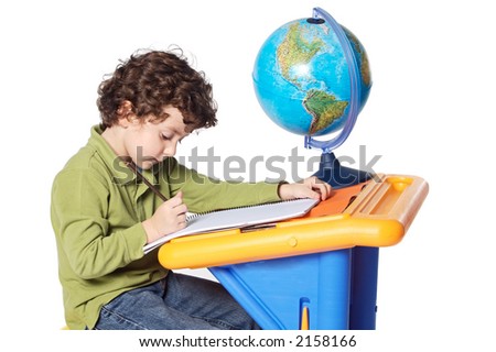 adorable child studying, Shot in studio over white