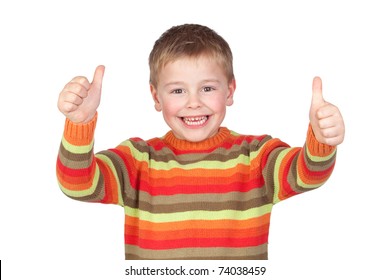 Adorable Child With Thumbs Up Isolated On White Background