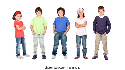 Adorable Children, Two Girls And Three Boys Isolated On A Over White Background