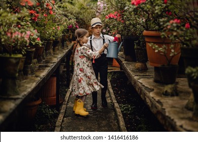 Adorable Children Watering Plants in Greenhouse. Beautiful Kids Wearing Trendy Outfit and Rubber Boots. Family Taking Care of Flowers using Pot in Garden. Brother and Sister Friendship