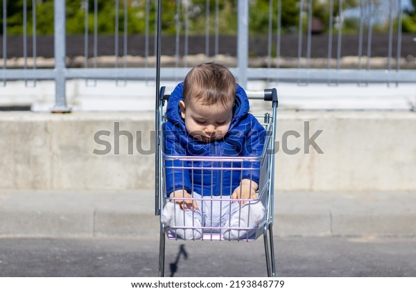 adorable cute little baby boy sit in mini\
shopping cart outside in parking lot for cars waving hand hello hi\
gesture,smiling toddler in jacket sunny day.consumerism shopping\
sale buy products\
concept