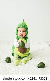 Adorable Cute Little Toddler Girl Daughter Sweet Avocado Costume Halloween Smiling - Shutterstock ID 2141493821
