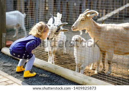 Adorable cute toddler girl feeding little goats and sheeps on a kids farm. Beautiful baby child petting animals in the zoo. Excited and happy girl on family weekend.