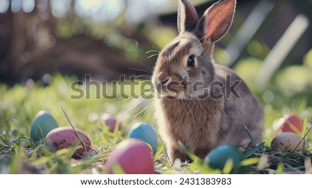 Adorable Easter Bunny with Colorful Eggs in Spring Meadow