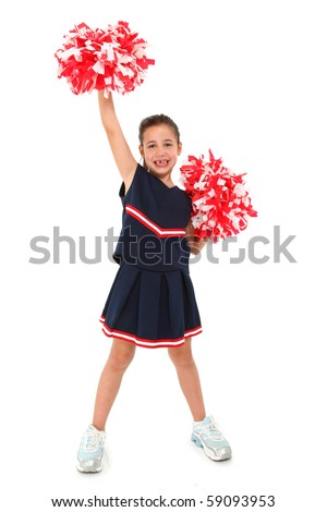 Adorable five year old french american girl cheerleader over white with pompoms.