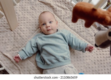 Adorable four month old baby boy laying in play pen looking around smiling. Wears a blue sweater and has blue eyes. - Shutterstock ID 2110863659