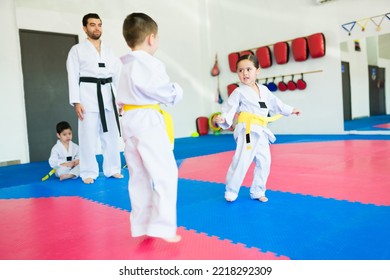 Adorable Girl And Boy Fighter With Yellow Belts On A Karate Class At The Martial Arts Class