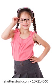 Adorable Girl Holding A Glasses, Isolated On White