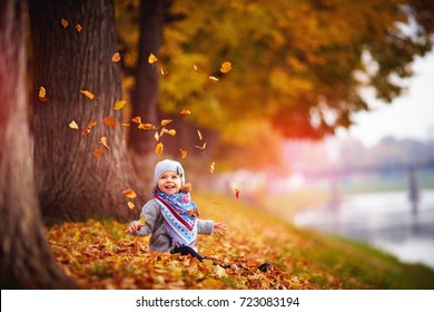 adorable happy baby girl throwing the fallen leaves up, playing in the autumn park - Powered by Shutterstock