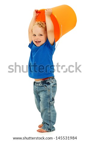 Adorable Happy Boy with Mop Bucket Over Head, barefoot on white.