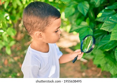 Adorable Hispanic Boy Using Magnifying Glass Playing At The Park.