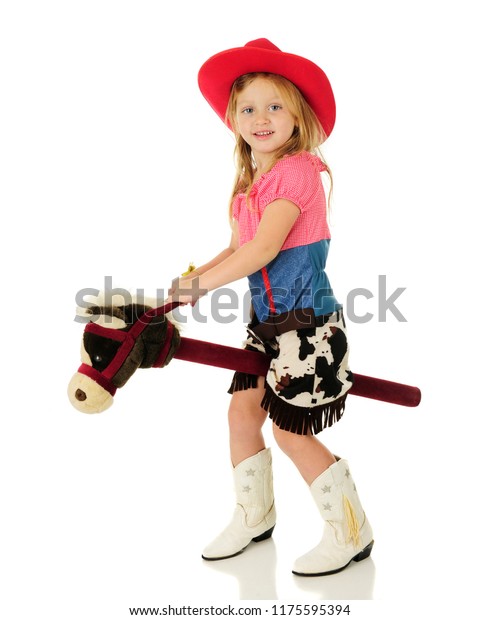 Adorable Kindergarten Cowgirl Happily Riding Stick Stock Photo (Edit ...