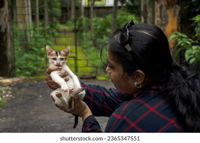 A adorable kittens in hand of a lady. Kittens outdoor. - Shutterstock ID 2365347551