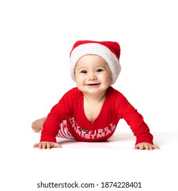 Adorable Little Baby Boy In A Red Christmas Outfit Isolated On White Background