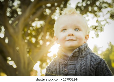 Adorable Little Blonde Baby Boy Outdoors At The Park. 