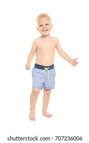 Adorable Little Boy In Blue Striped Swim Trunks Isolated On White