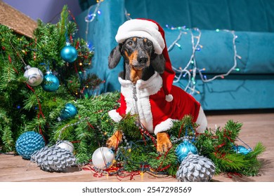 An adorable little dog is dressed in a cheerful Santa costume surrounded by vibrant Christmas decorations - Powered by Shutterstock