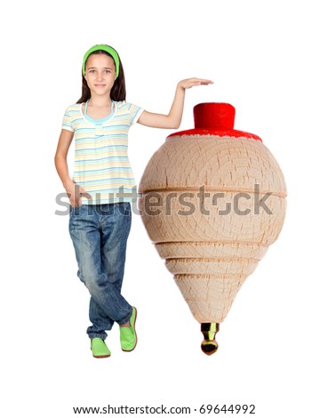 Adorable little girl with a big top isolated on white background