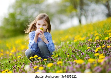 Adorable little girl in blooming dandelion flowers on summer day