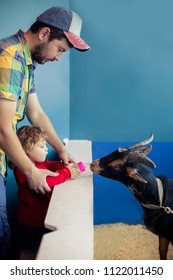 Adorable Little Girl And Her Father Feeding Goat With Bottle Of Milkat The Petting Zoo, Child At The Farm, Concept Of Care For The Animals