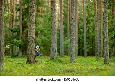 Adorable little girl hiking in the forest on summer day