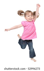 Adorable little girl jumping in air. isolated on white background - Shutterstock ID 52996273