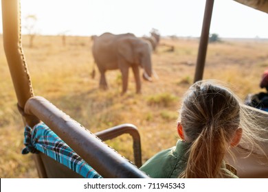 Очаровательная маленькая девочка в Кении сафари на утреннем дичь в открытом транспортном средстве
