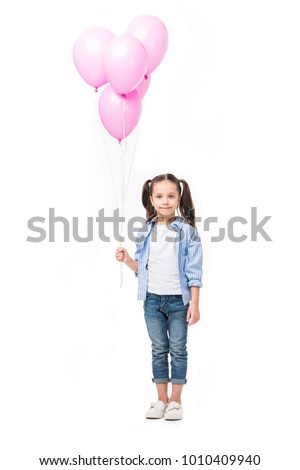 adorable little kid with pink balloons isolated on white