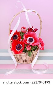 Adorable Mother's Day Gift Made With Red Anemone Flowers, Moss And Wicker Basket. Step By Step, Tutorial.