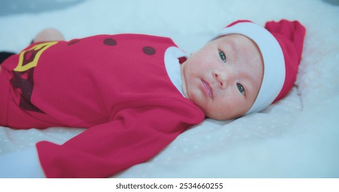 Adorable Newborn Baby in Festive Red Santa Outfit Lying on Soft White Blanket, Celebrating First Christmas with Cute Holiday Costume, Perfect for Seasonal Family and Holiday-Themed - Powered by Shutterstock