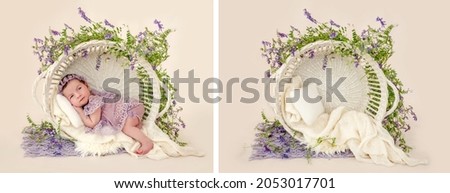 Adorable newborn baby girl in the studio decoration bed and empty studio photoshoot furniture collage. Mix with infant and designed photo scene