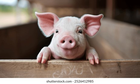 Adorable piglet peeking over a wooden fence.