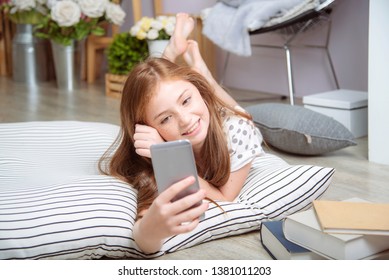 Adorable Pretty Girl Take Selfie Herself In The Living Room, A Child On FaceTime With Friend On Mobile, A Kid Playing Game On Phone