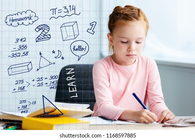 adorable red haired schoolgirl sitting at desk and studying at home with math icons - Powered by Shutterstock