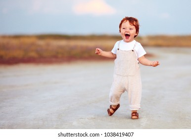 Adorable Redhead Toddler Baby Boy In Jumpsuit Running Through The Summer Road And Field