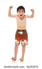 Adorable Seven Year Old French American Boy In Swim Suit And Wet Hair Making Silly Faces.