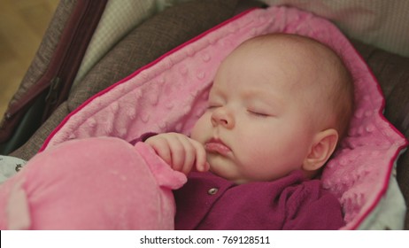 Adorable Sleeping Baby In A Car Seat On Pink Blanket Holding Hand On A Pink Toy