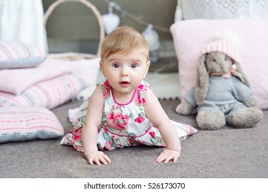 Adorable Smiling Baby Girl Crawling