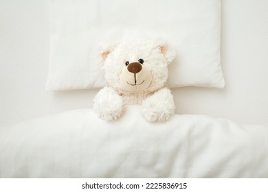 Adorable smiling white teddy bear lying down on pillow and sheet under blanket in baby crib at home. Top view. Closeup.  - Powered by Shutterstock - Get 15% off with code: PIKWIZARD15