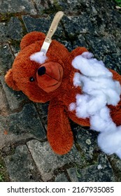 adorable teddy bear lying on the floor destroyed with a knife