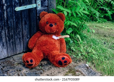 adorable teddy bear lying on the floor destroyed with a knife
